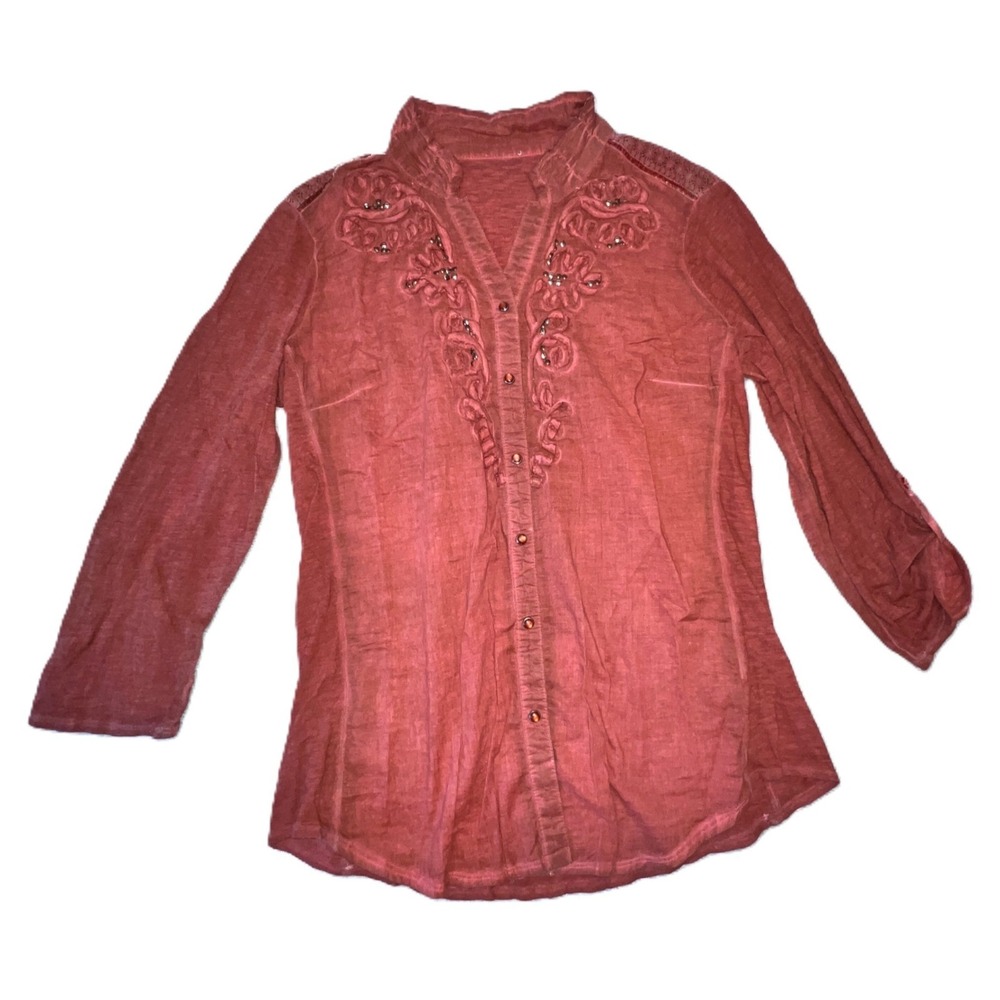 Aéropostale Red Embroidered Fitted Blouse Distressed Boho Western Small Y2K‎